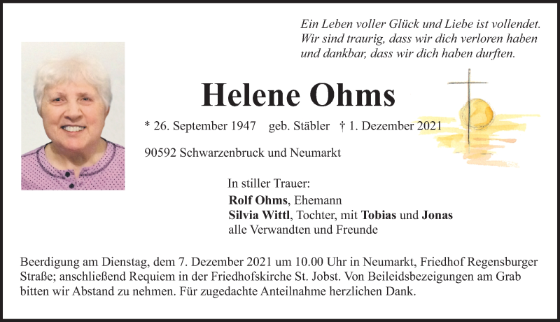  Traueranzeige für Helene Ohms vom 04.12.2021 aus Neumarkter Nachrichten Lokal