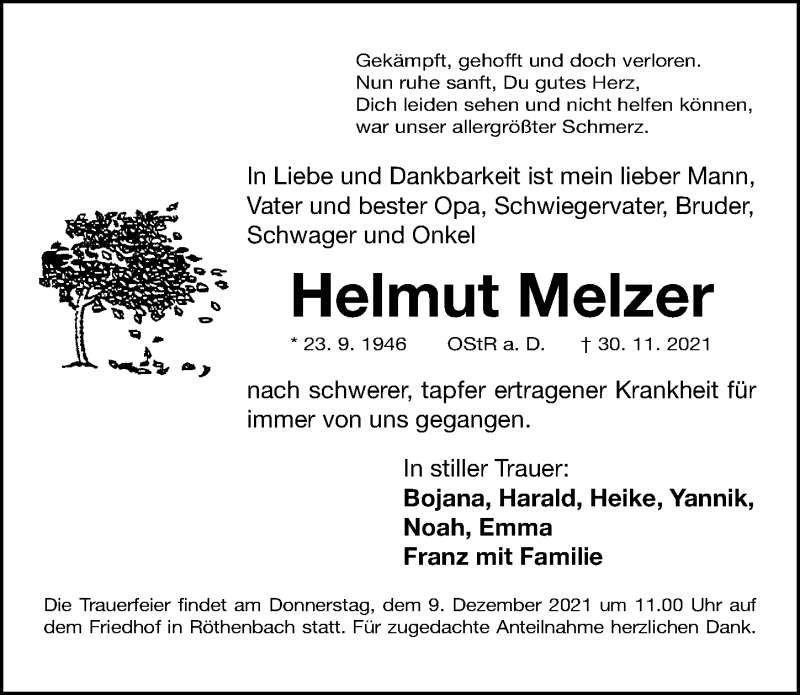  Traueranzeige für Helmut Melzer vom 04.12.2021 aus Gesamtausgabe Nürnberger Nachrichten/ Nürnberger Ztg.