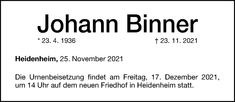  Traueranzeige für Johann Binner vom 15.12.2021 aus Altmühl-Bote Lokal