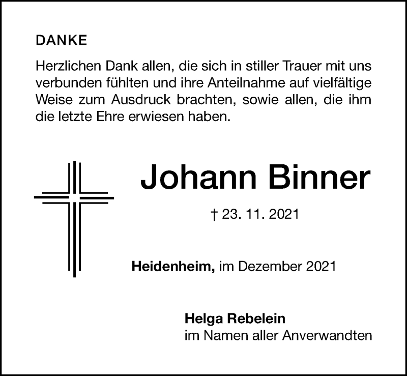  Traueranzeige für Johann Binner vom 21.12.2021 aus Altmühl-Bote Lokal