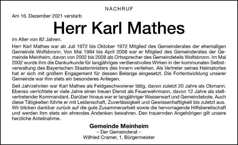  Traueranzeige für Karl Mathes vom 20.12.2021 aus Altmühl-Bote Lokal