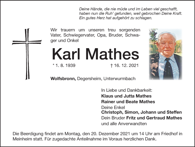  Traueranzeige für Karl Mathes vom 18.12.2021 aus Altmühl-Bote Lokal