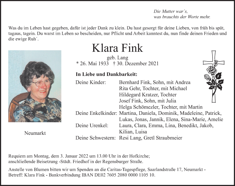  Traueranzeige für Klara Fink vom 31.12.2021 aus Neumarkter Nachrichten Lokal