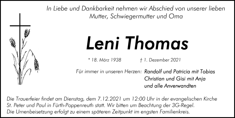  Traueranzeige für Leni Thomas vom 04.12.2021 aus Gesamtausgabe Nürnberger Nachrichten/ Nürnberger Ztg./ Fürther Nachrichten