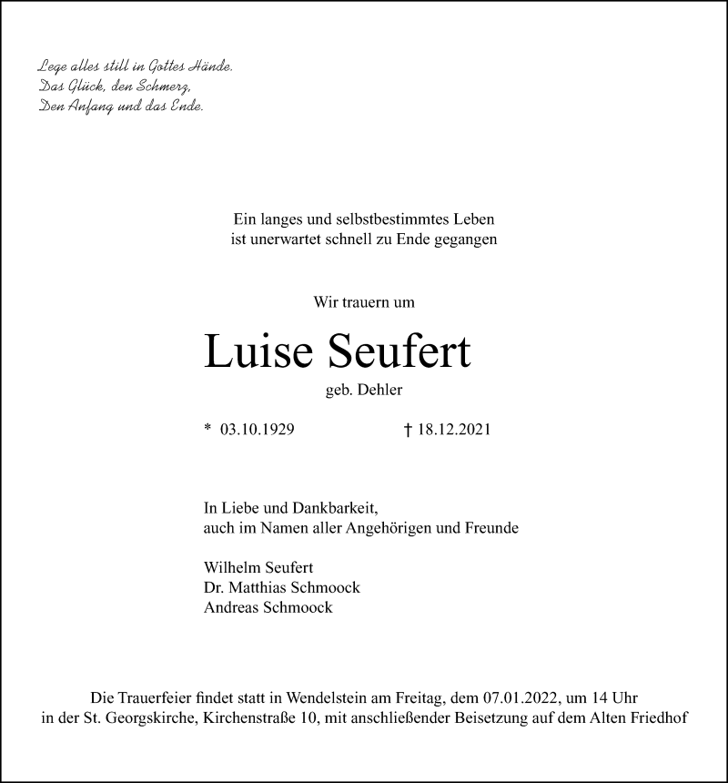  Traueranzeige für Luise Seufert vom 24.12.2021 aus Schwabacher Tagblatt Lokal