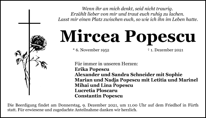  Traueranzeige für Mircea Popescu vom 04.12.2021 aus Gesamtausgabe Nürnberger Nachrichten/ Nürnberger Ztg.