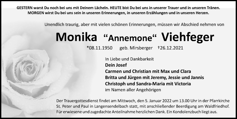  Traueranzeige für Monika Viehfeger vom 30.12.2021 aus Erlanger Nachrichten/ Nordbayer. Nachrichten Forchheim