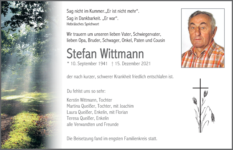  Traueranzeige für Stefan Wittmann vom 18.12.2021 aus Neumarkter Nachrichten Lokal
