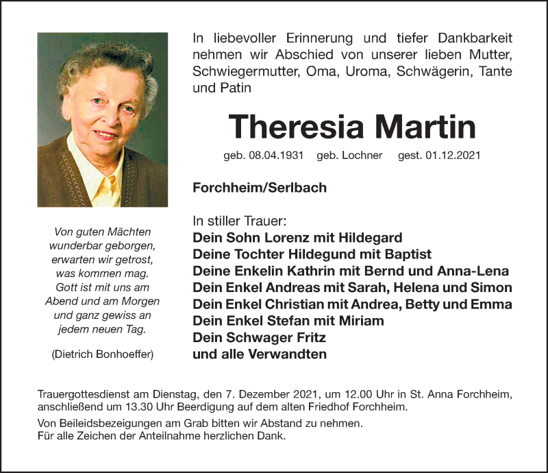  Traueranzeige für Theresia Martin vom 04.12.2021 aus Nordbayerische Nachrichten Forchheim Lokal
