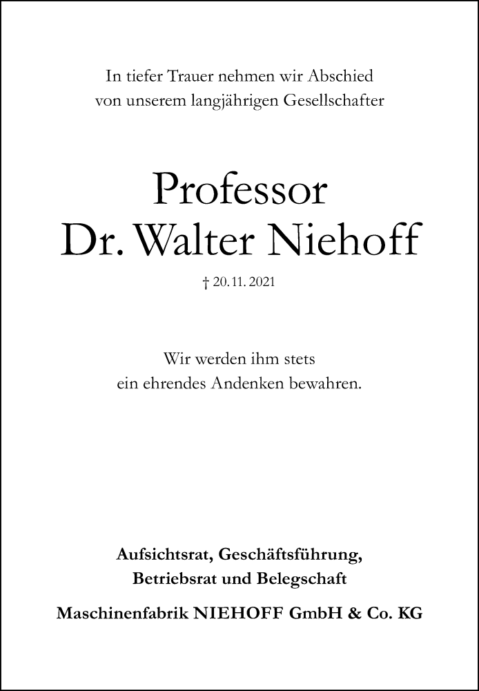  Traueranzeige für Walter Niehoff vom 04.12.2021 aus Gesamtausgabe Nürnberger Nachrichten/ Nürnberger Ztg./ Schwabach