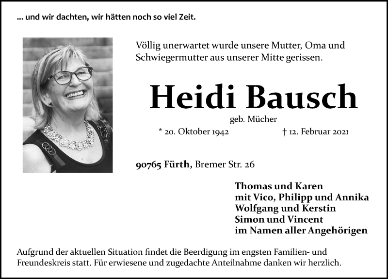  Traueranzeige für Heidi Bausch vom 15.02.2021 aus Fürther Nachrichten Lokal