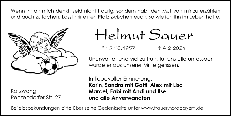  Traueranzeige für Helmut Sauer vom 13.02.2021 aus Schwabacher Tagblatt Lokal