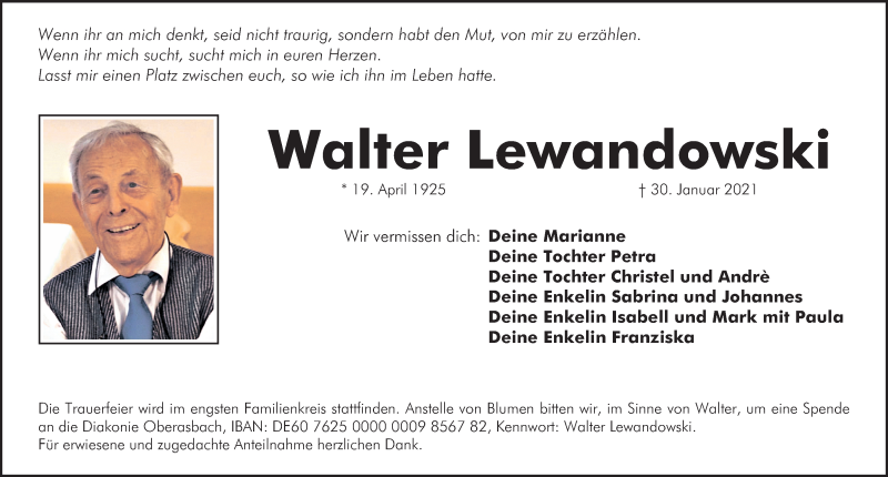  Traueranzeige für Walter Lewandowski vom 06.02.2021 aus Gesamtausgabe Nürnberger Nachrichten/ Nürnberger Ztg.