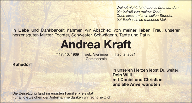  Traueranzeige für Andrea Kraft vom 06.03.2021 aus Roth-Hilpoltsteiner Volkszeitung/ Schwabach
