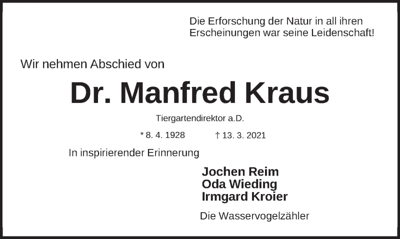  Traueranzeige für Manfred Kraus vom 03.04.2021 aus Gesamtausgabe Nürnberger Nachrichten/ Nürnberger Ztg.