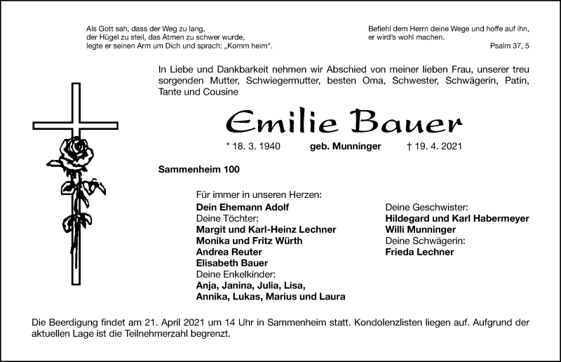  Traueranzeige für Emilie Bauer vom 20.04.2021 aus Altmühl-Bote Lokal