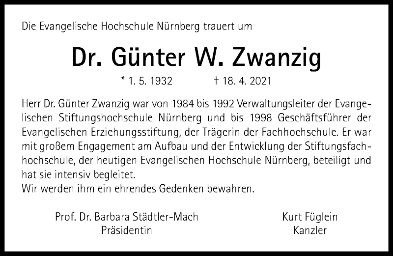  Traueranzeige für Günter Zwanzig vom 24.04.2021 aus Gesamtausgabe Nürnberger Nachrichten/ Nürnberger Ztg.