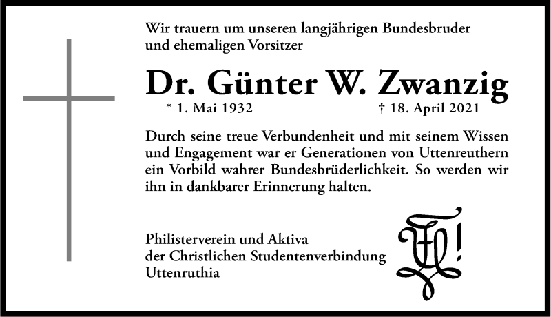 Traueranzeige für Günter Zwanzig vom 21.04.2021 aus Erlanger Nachrichten Lokal