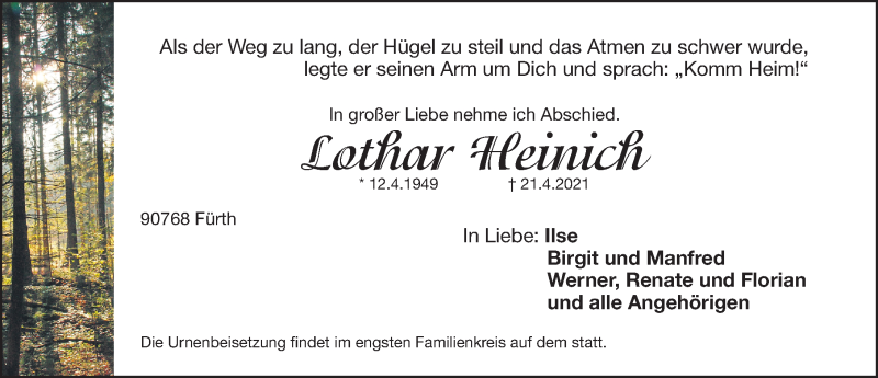  Traueranzeige für Lothar Heinich vom 24.04.2021 aus Gesamtausgabe Nürnberger Nachrichten/ Nürnberger Ztg./ Fürther Nachrichten