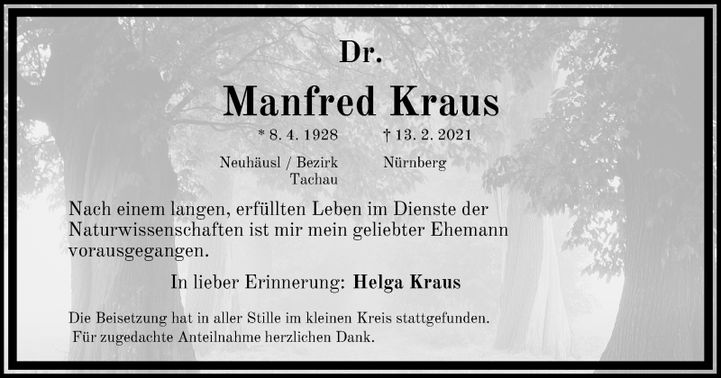  Traueranzeige für Manfred Kraus vom 10.04.2021 aus Gesamtausgabe Nürnberger Nachrichten/ Nürnberger Ztg.
