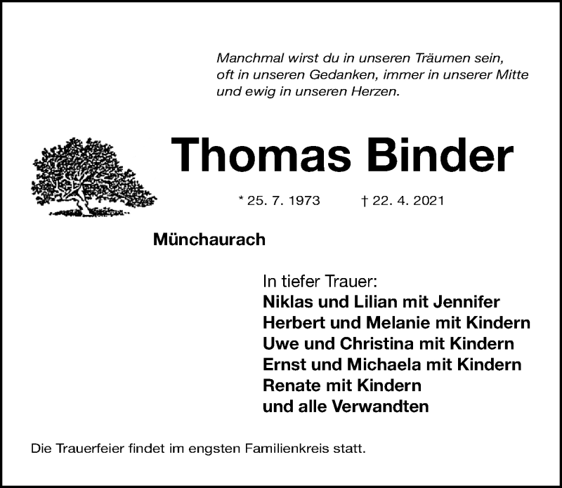  Traueranzeige für Thomas Binder vom 26.04.2021 aus Nordbayerische Nachrichten Herzogenaurach Lokal