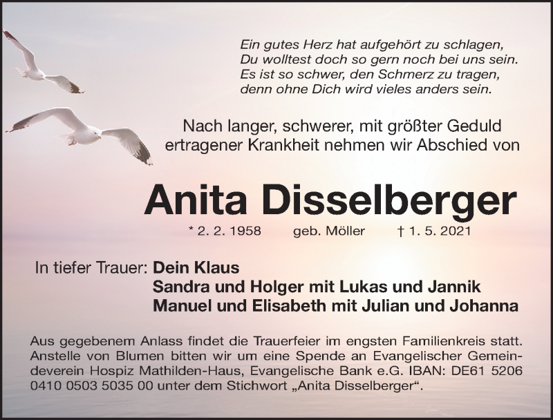 Traueranzeige für Anita Disselberger vom 04.05.2021 aus Gesamtausgabe Nürnberger Nachrichten/ Nürnberger Ztg.