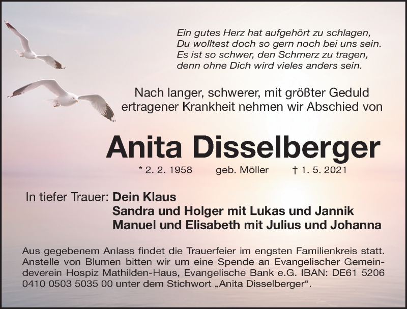  Traueranzeige für Anita Disselberger vom 05.05.2021 aus Gesamtausgabe Nürnberger Nachrichten/ Nürnberger Ztg.