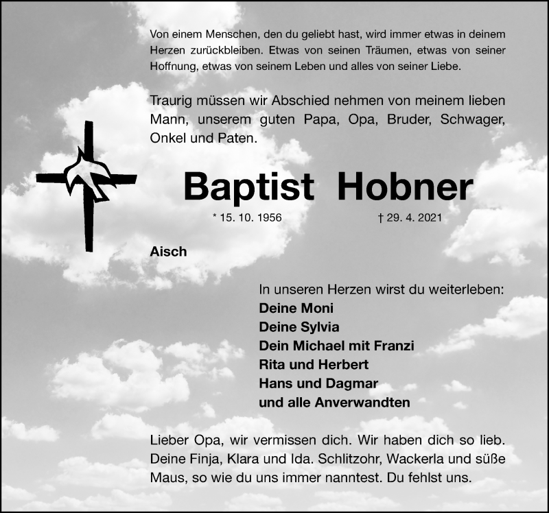  Traueranzeige für Baptist Hobner vom 05.05.2021 aus Nordbayerische Nachrichten Herzogenaurach Lokal
