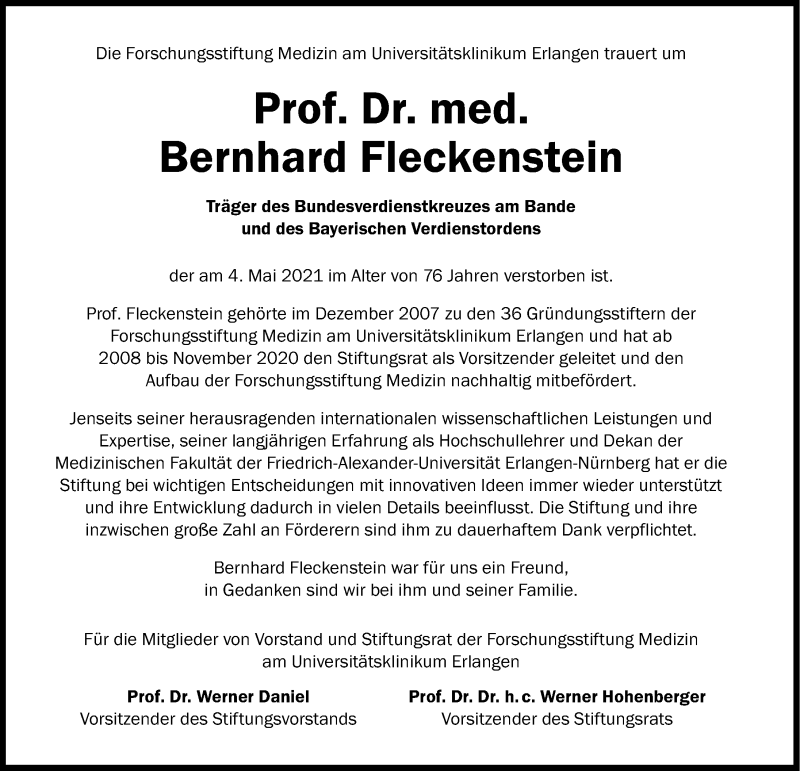  Traueranzeige für Bernhard Fleckenstein vom 08.05.2021 aus Erlanger Nachrichten Lokal