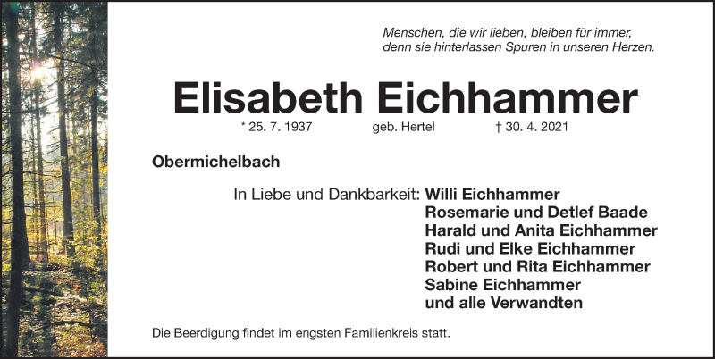  Traueranzeige für Elisabeth Eichhammer vom 04.05.2021 aus Fürther Nachrichten Lokal