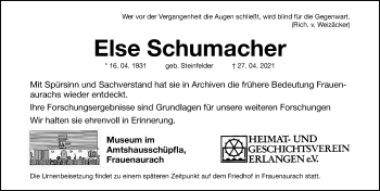 Traueranzeige von Else Schumacher von Erlanger Nachrichten Lokal