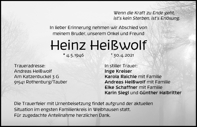  Traueranzeige für Heinz Heißwolf vom 04.05.2021 aus Windsheimer Zeitung Lokal