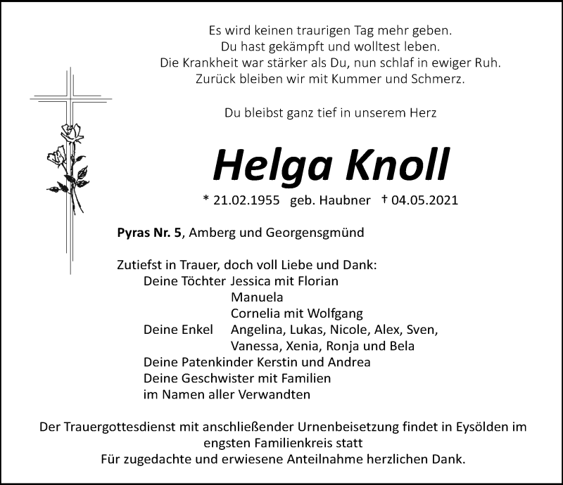  Traueranzeige für Helga Knoll vom 05.05.2021 aus Roth-Hilpoltsteiner Volkszeitung Lokal