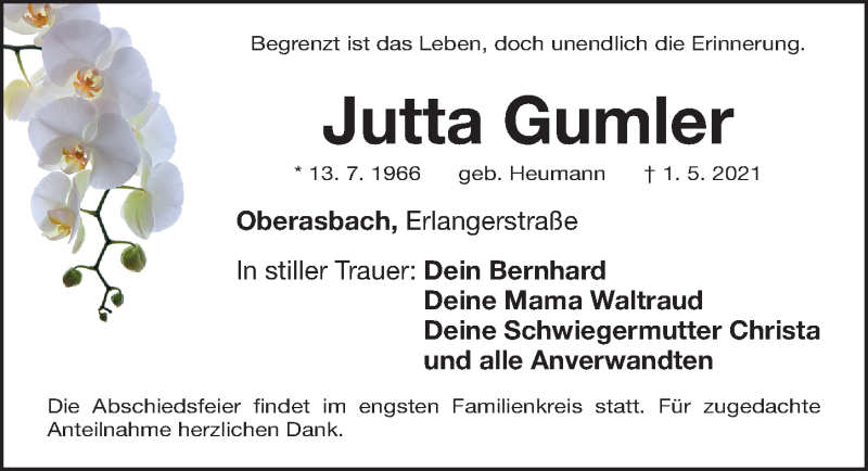  Traueranzeige für Jutta Gumler vom 05.05.2021 aus Fürther Nachrichten Lokal