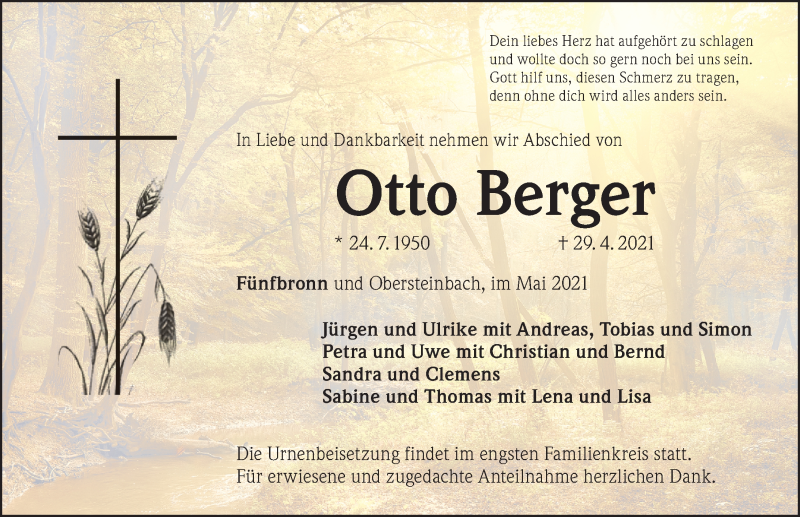  Traueranzeige für Otto Berger vom 04.05.2021 aus Altmühl-Bote Lokal
