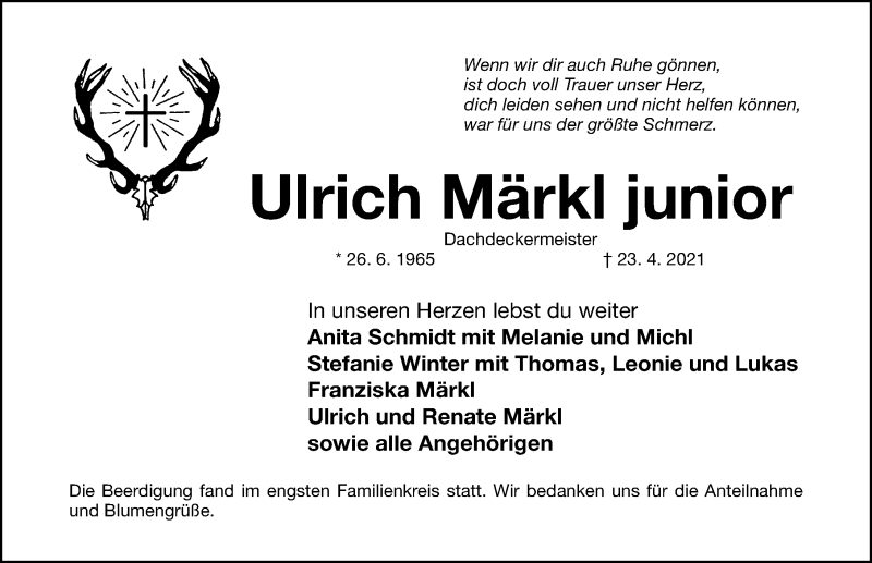  Traueranzeige für Ulrich Märkl vom 08.05.2021 aus Gesamtausgabe Nürnberger Nachrichten/ Nürnberger Ztg.