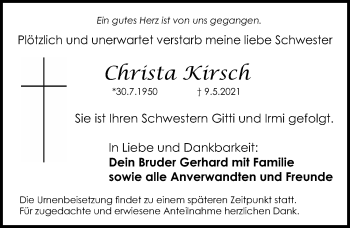 Traueranzeige von Christa Kirsch von Schwabacher Tagblatt Lokal