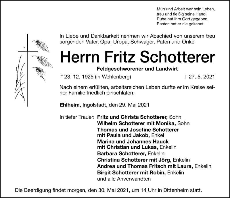  Traueranzeige für Fritz Schotterer vom 29.05.2021 aus Altmühl-Bote Lokal