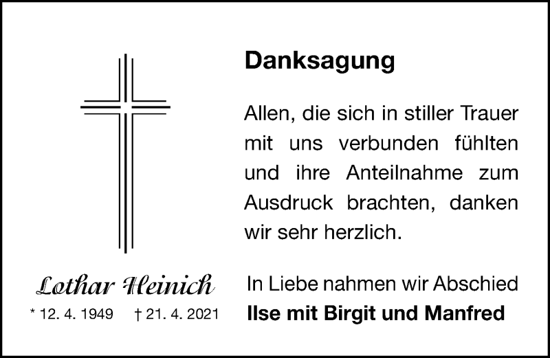  Traueranzeige für Lothar Heinich vom 29.05.2021 aus Fürther Nachrichten/ Gesamtausgabe Nürnberger Nachrichten/ Nürnberger Ztg.