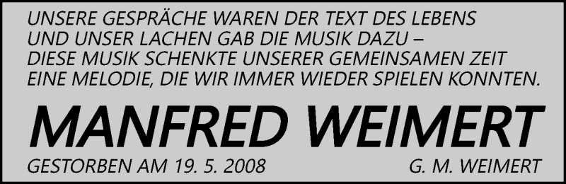  Traueranzeige für Manfred Weimert vom 19.05.2021 aus Gesamtausgabe Nürnberger Nachrichten/ Nürnberger Ztg.