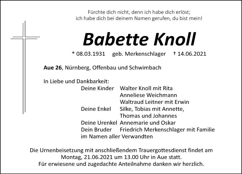  Traueranzeige für Babette Knoll vom 19.06.2021 aus Roth-Hilpoltsteiner Volkszeitung Lokal