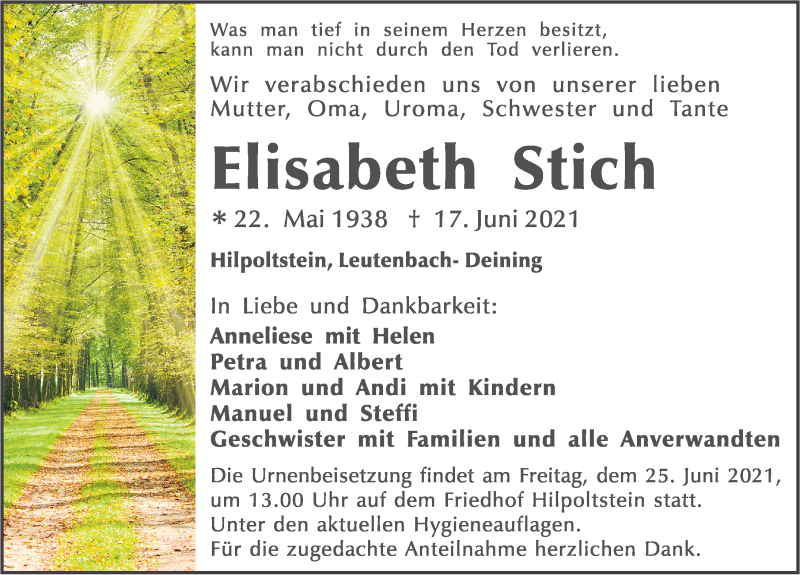  Traueranzeige für Elisabeth Stich vom 19.06.2021 aus Roth-Hilpoltsteiner Volkszeitung Lokal