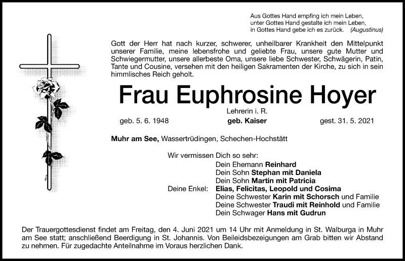  Traueranzeige für Euphrosine Hoyer vom 03.06.2021 aus Altmühl-Bote Lokal