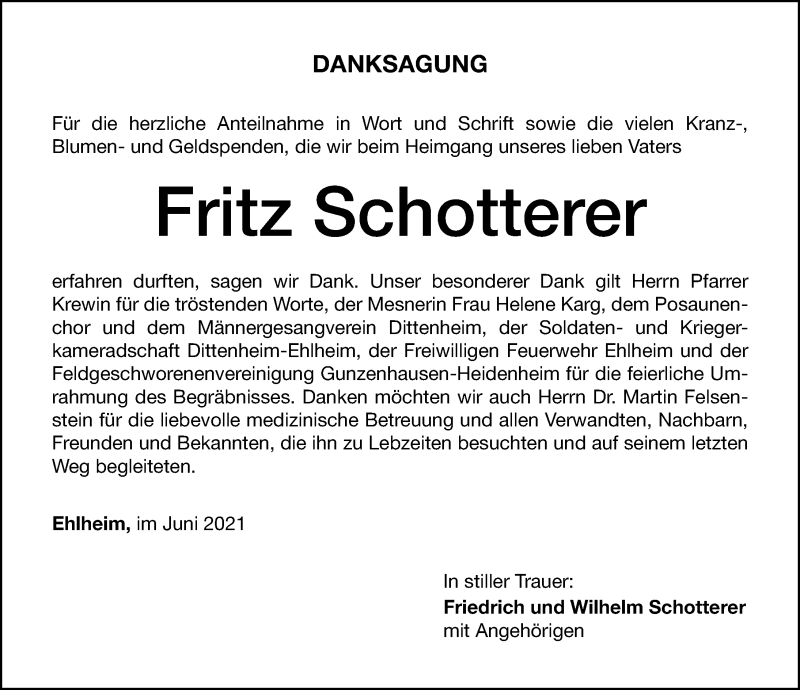  Traueranzeige für Fritz Schotterer vom 17.06.2021 aus Altmühl-Bote Lokal