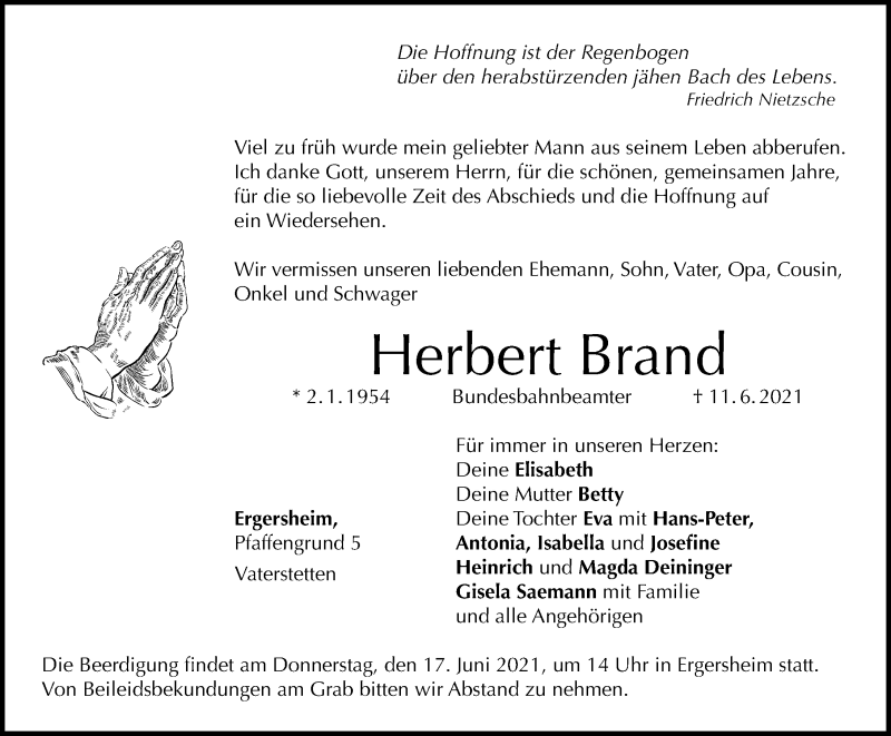  Traueranzeige für Herbert Brand vom 16.06.2021 aus Windsheimer Zeitung Lokal
