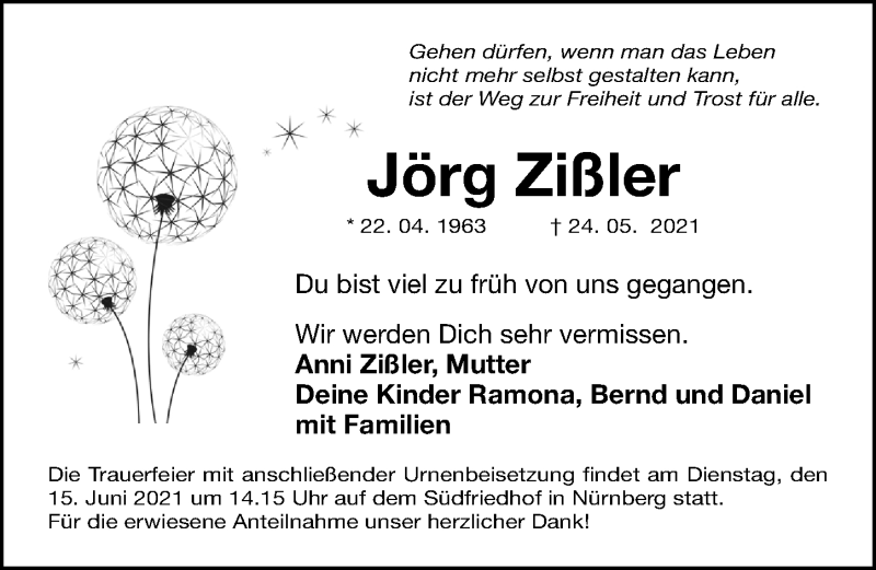  Traueranzeige für Jörg Zißler vom 11.06.2021 aus Gesamtausgabe Nürnberger Nachrichten/ Nürnberger Ztg.