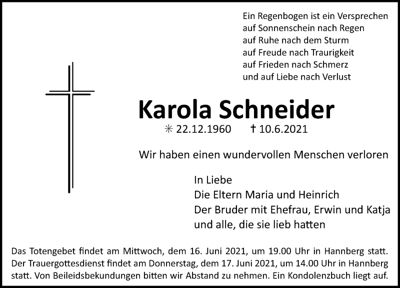  Traueranzeige für Karola Schneider vom 15.06.2021 aus Nordbayerische Nachrichten Herzogenaurach Lokal