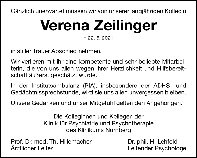  Traueranzeige für Verena Zeilinger vom 12.06.2021 aus Gesamtausgabe Nürnberger Nachrichten/ Nürnberger Ztg.