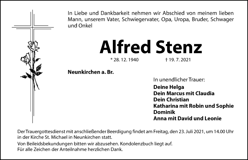  Traueranzeige für Alfred Stenz vom 21.07.2021 aus Nordbayerische Nachrichten Forchheim Lokal