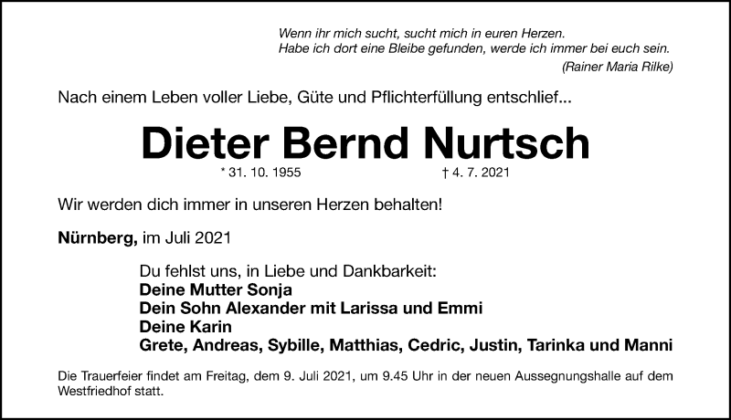  Traueranzeige für Dieter Bernd Nurtsch vom 08.07.2021 aus Gesamtausgabe Nürnberger Nachrichten/ Nürnberger Ztg.